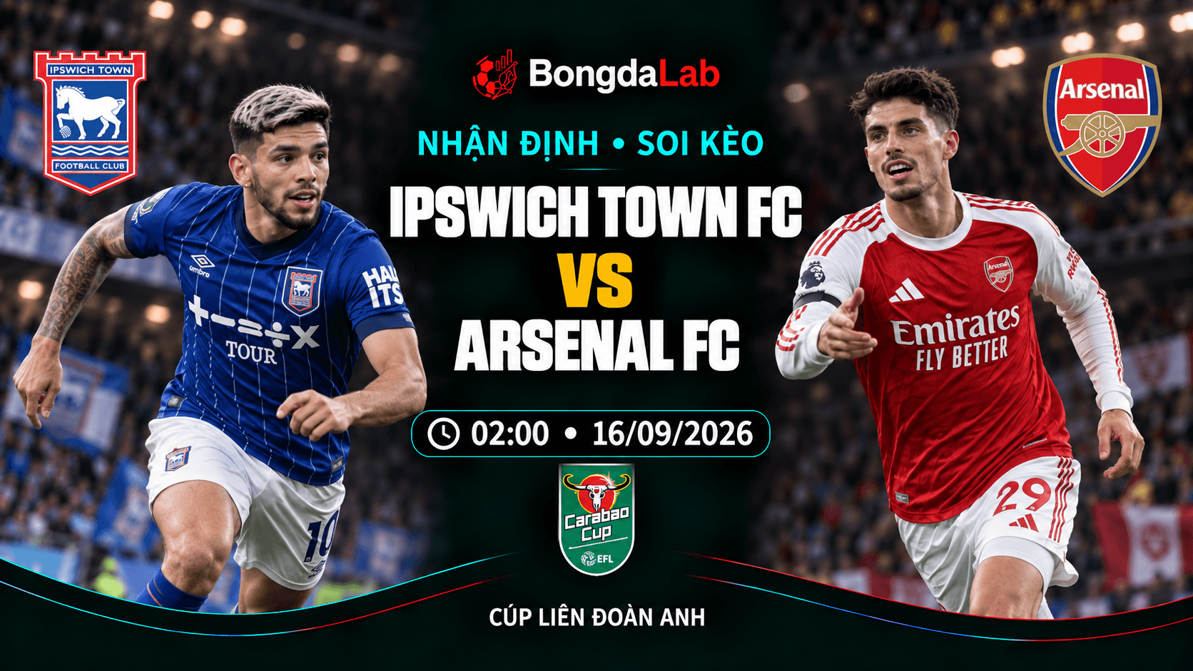 Nhận định soi kèo Ipswich Town FC vs Arsenal FC 02:00 ngày 16/09/2026